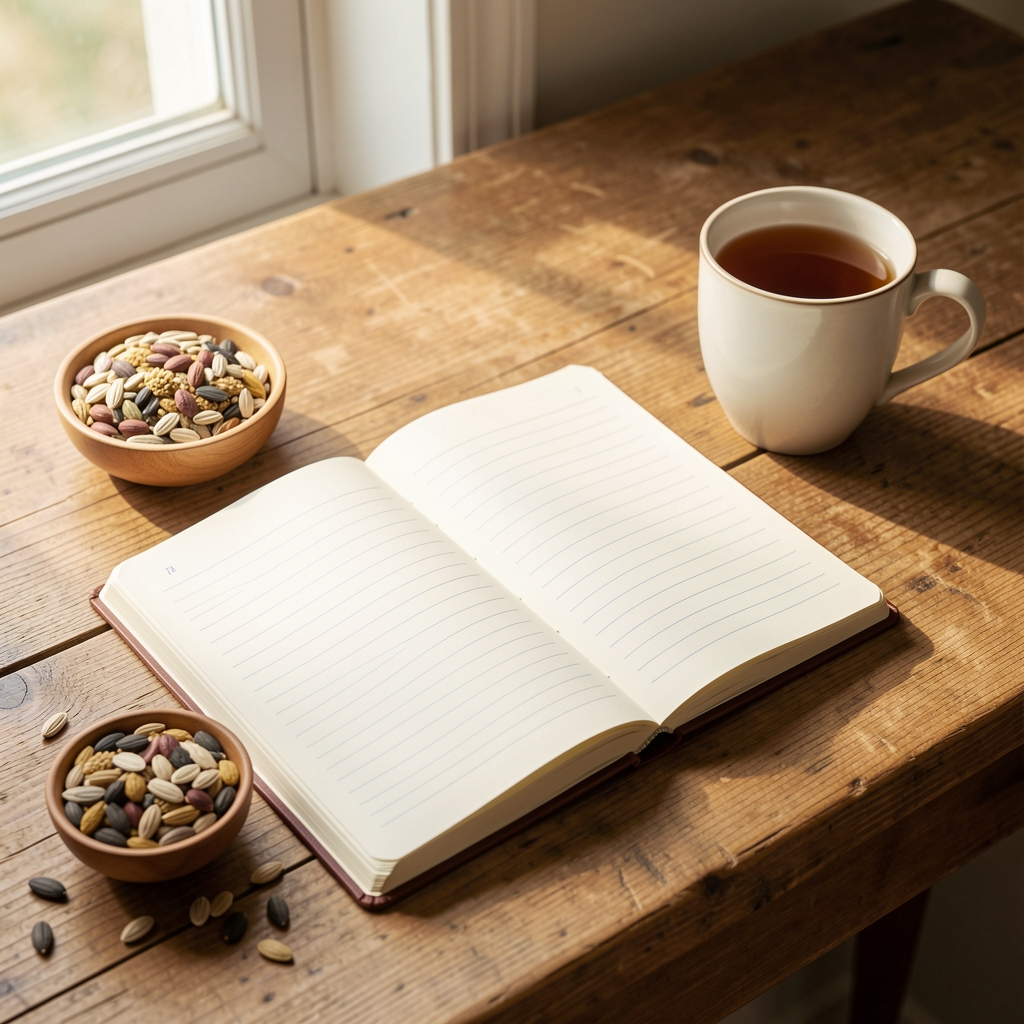 Notebook open on a wooden desk in soft morning light alongside a small bowl of mixed seeds and a cup of tea