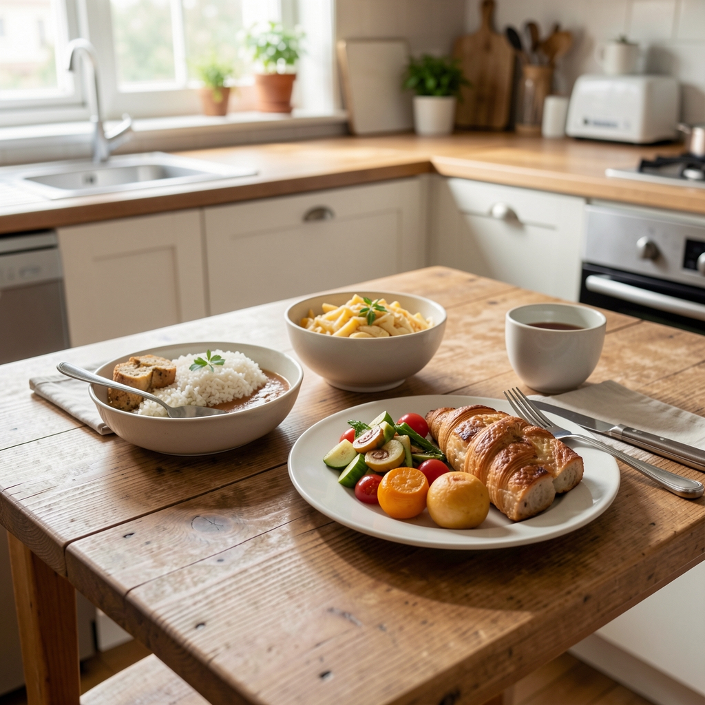 A simple meal laid out on a wooden kitchen table with natural afternoon light, suggesting an unhurried and habitual approach to daily eating rather than a structured food plan